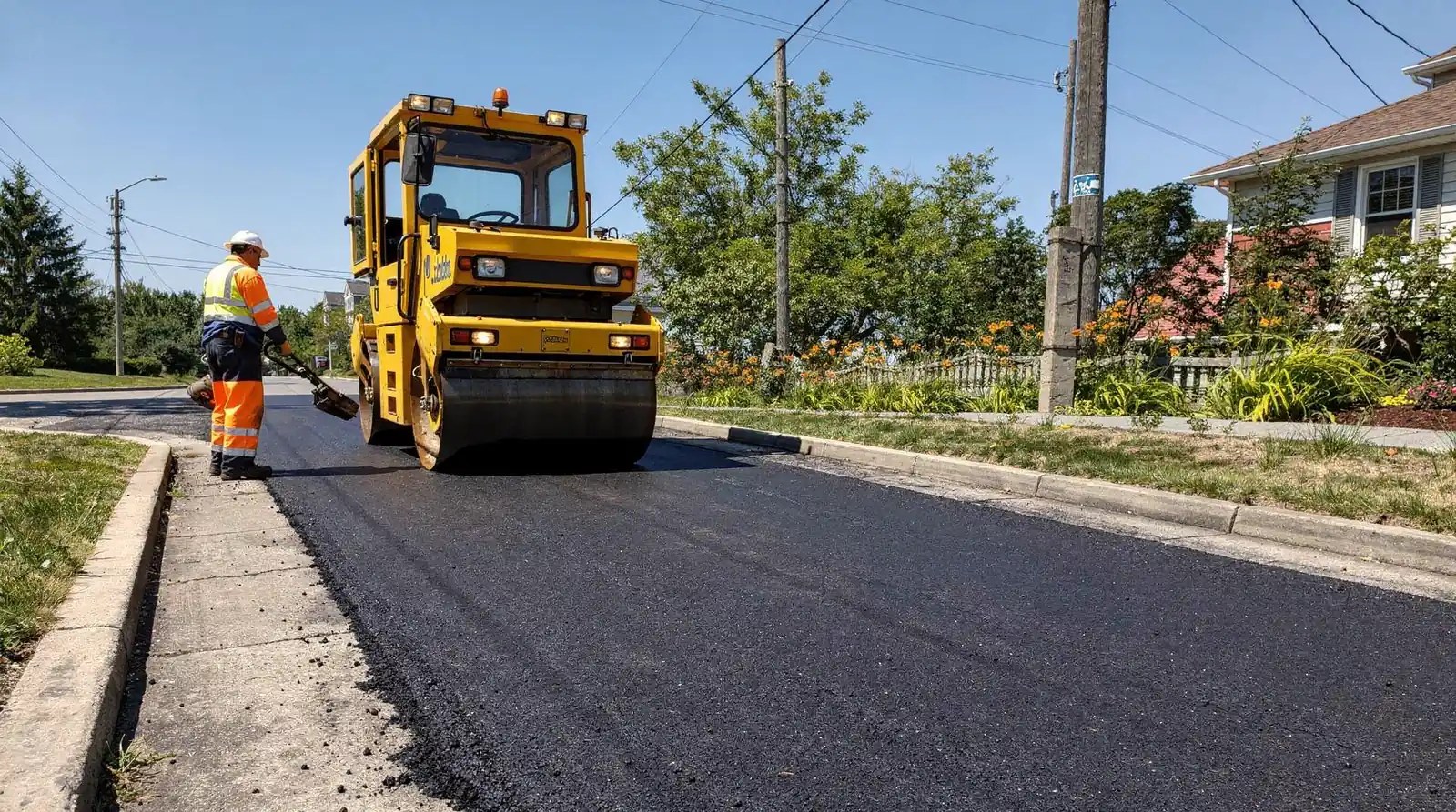 Worker operating a steamroller on a freshly paved asphalt driveway