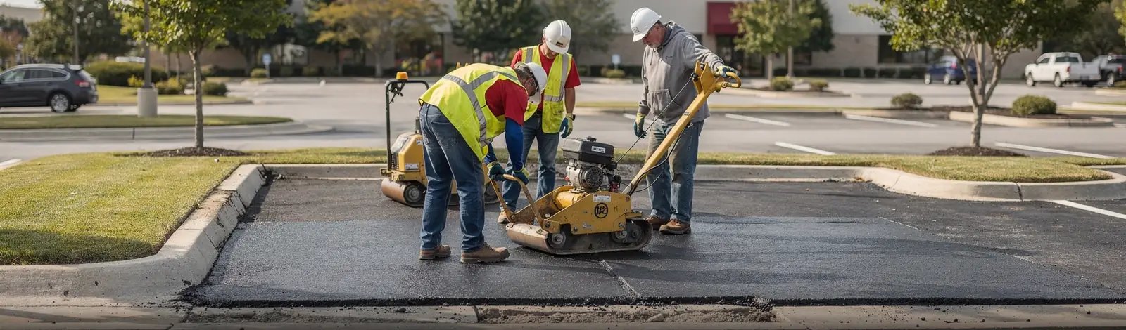 GSP Asphalt Paving crew compacting a new asphalt patch beside a curb in Freehold, NJ