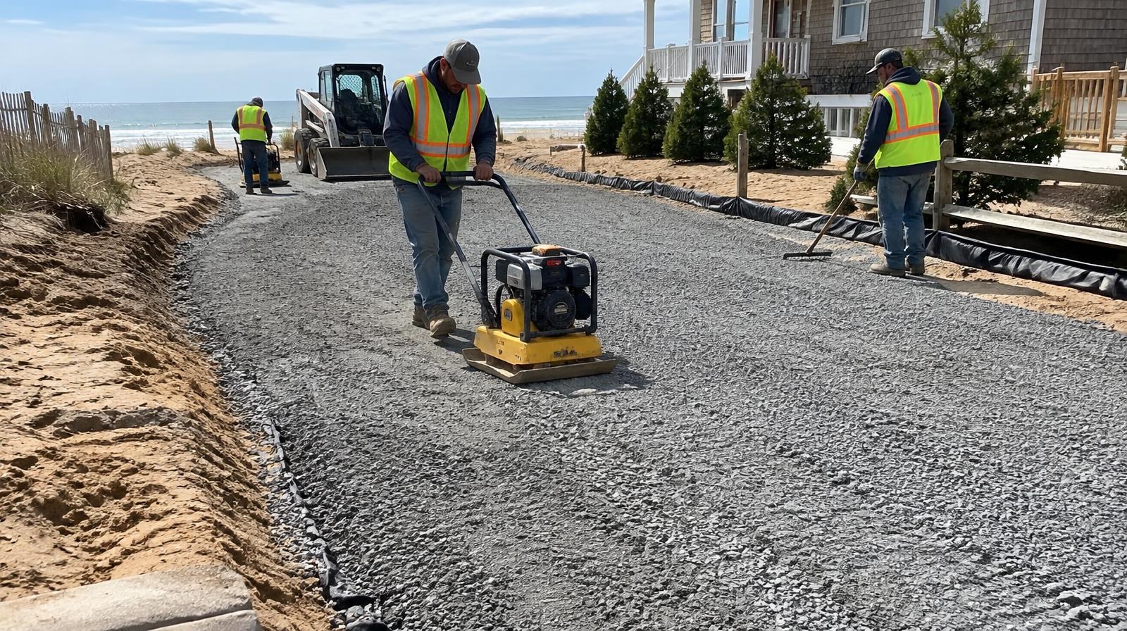 Crew compacting a crushed stone base on sandy coastal soil before asphalt paving