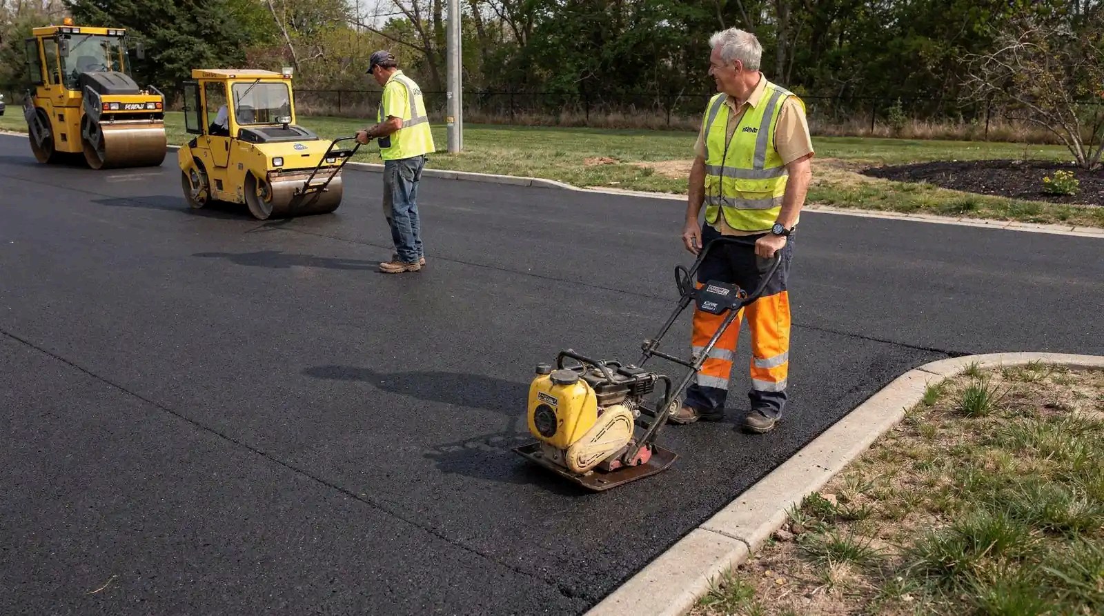 Paving crew operating equipment on a freshly laid asphalt surface in New Jersey