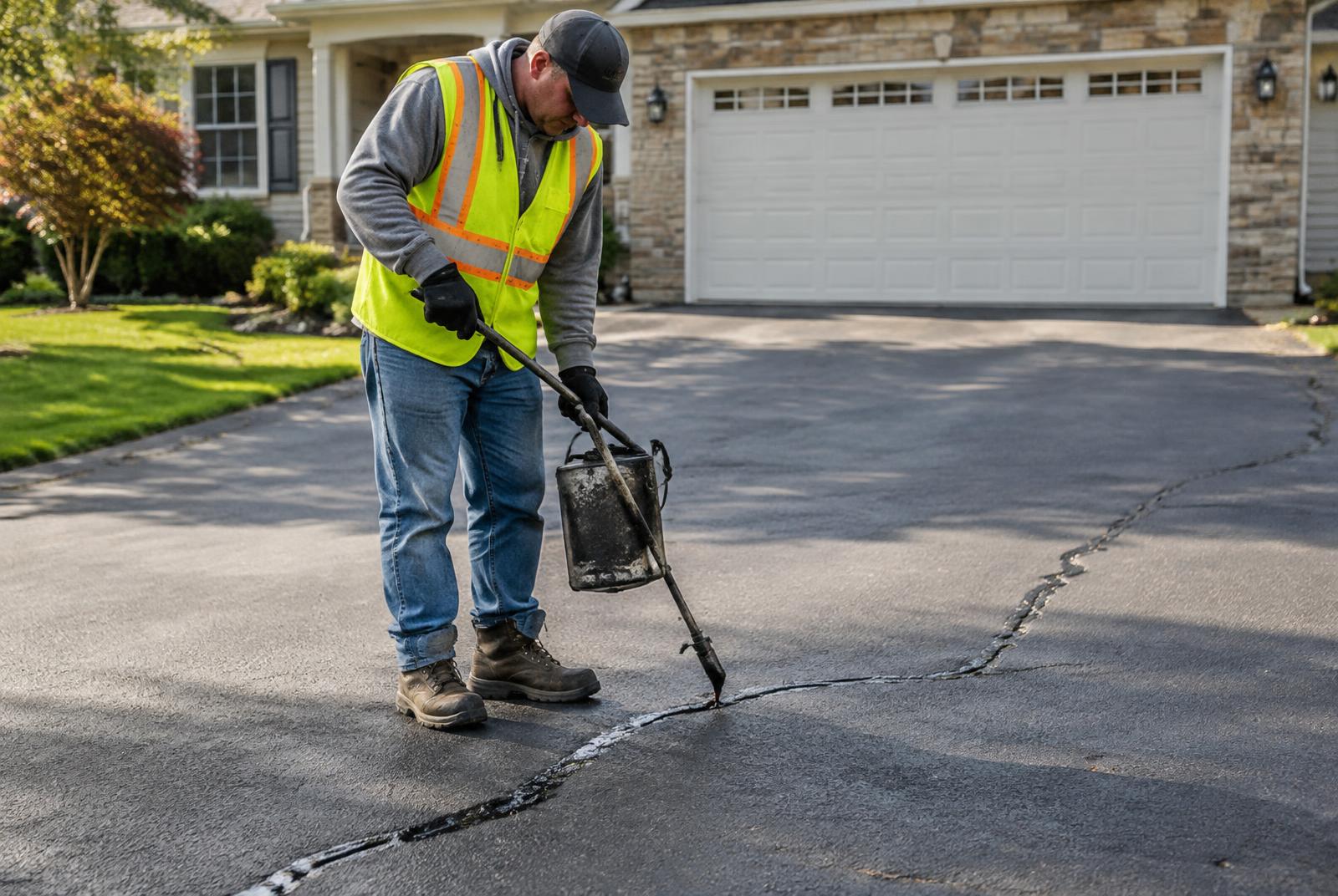 Worker sealing cracks in a residential asphalt driveway with hot pour sealant