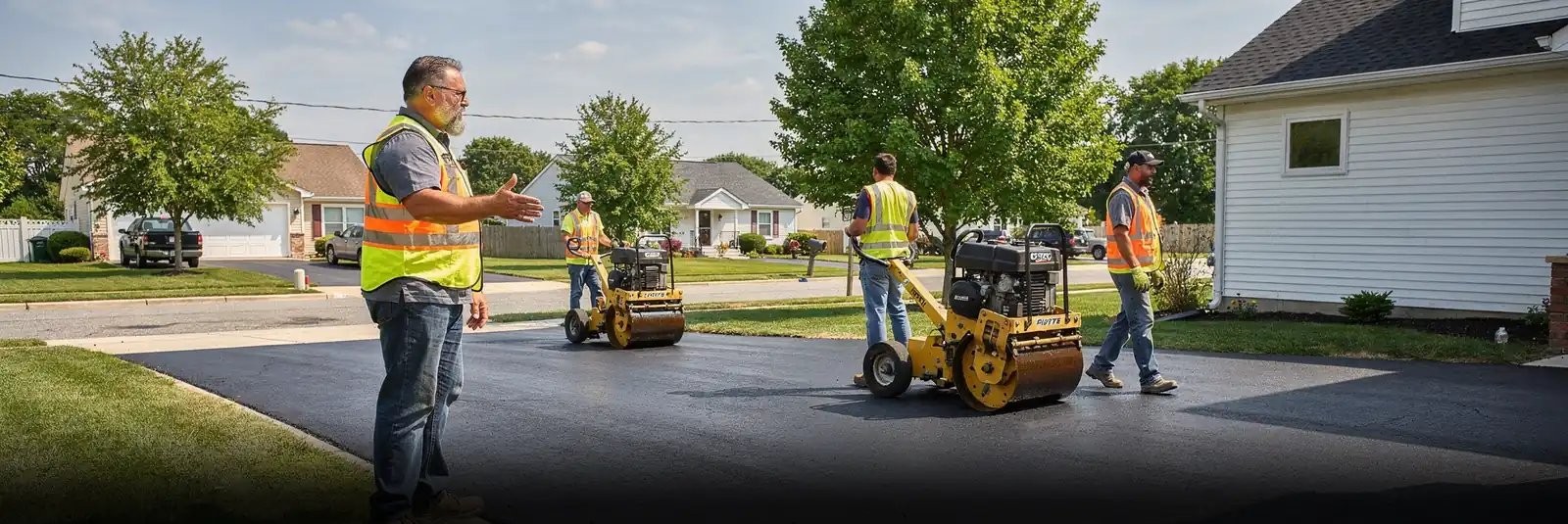 GSP Asphalt Paving crew rolling a new residential asphalt driveway in Toms River, NJ
