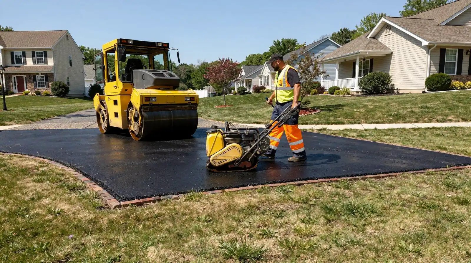 Asphalt roller and crew member finishing a freshly paved residential driveway